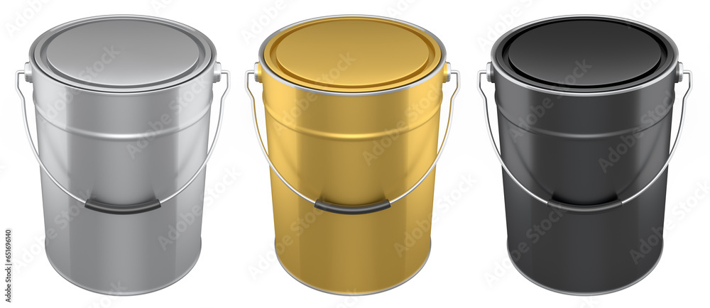 Set of metal cans or buckets of paint with handle on white background. Set of metal cans or buckets of paint with handle on white background.