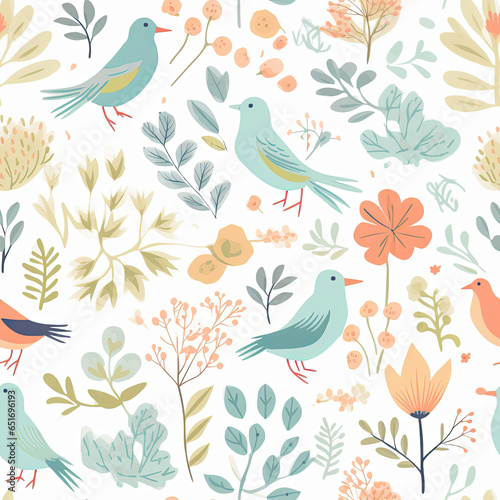 Nature Serenade A calming and soothing pattern with elements like birds  leaves  and soft colors vector art AI Generated