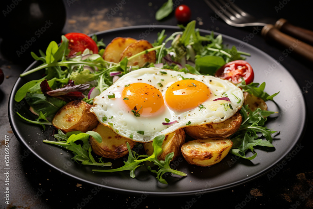 Two eggs with fried potatoes and salad . food ph, generative ai. Two eggs with fried potatoes and salad . food ph, generative ai.