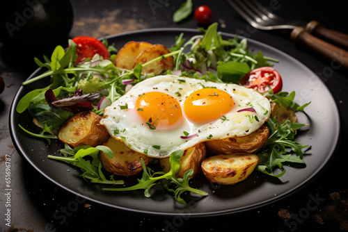 Two eggs with fried potatoes and salad . food ph, generative ai.