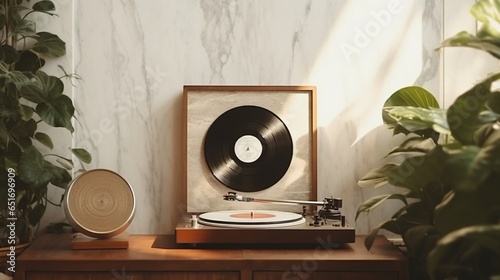 Mockup poster blank frame, hanging on marble wall, above vintage record player, Retro vinyl lounge