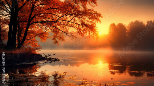 Orange autumn on the river. Generative Ai