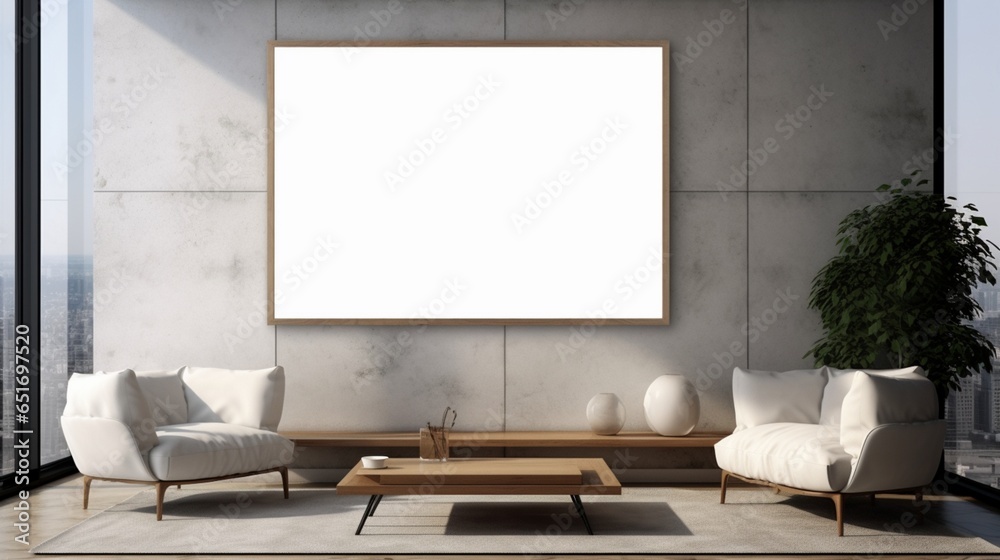 Mockup poster blank frame, hanging on marble wall, above glass-top coffee table, Contemporary penthouse Mockup poster blank frame, hanging on marble wall, above glass-top coffee table, Contemporary penthouse