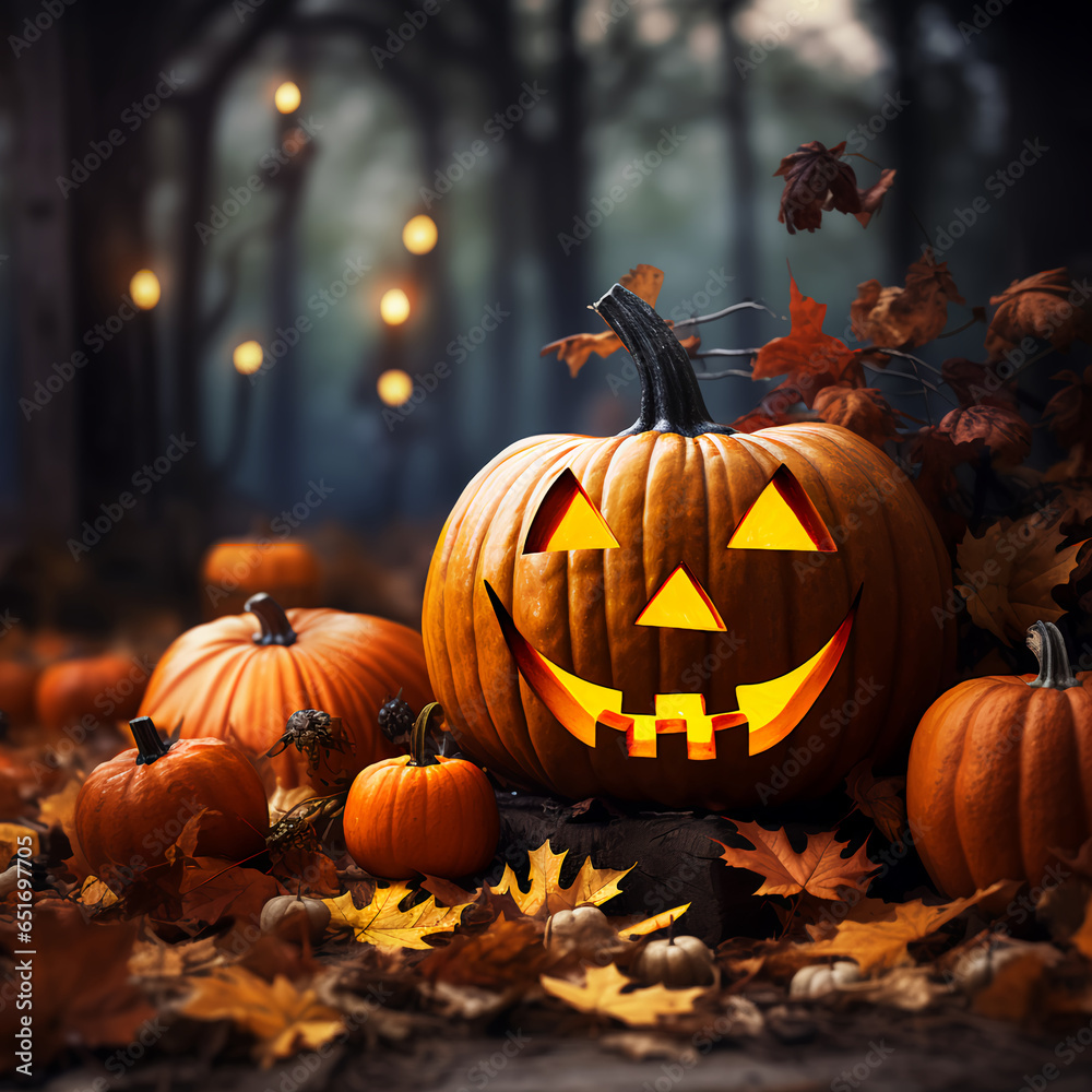 A Halloween Jack o'lantern surrounded by Halloween decorations like candles, pumpkins, lights and spooky buildings A Halloween Jack o'lantern surrounded by Halloween decorations like candles, pumpkins, lights and spooky buildings
