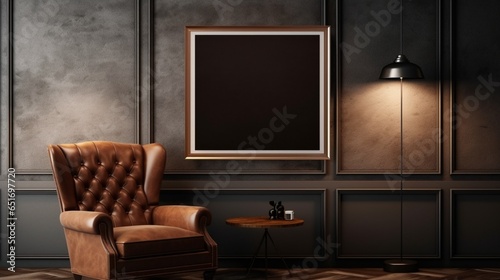 Mockup poster blank frame, hanging on marble wall, above leather armchair, Classic gentleman's den