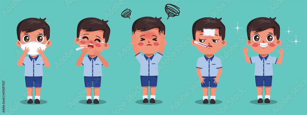 Fototapeta premium Indian kid student symptom of sick character. Bharat cartoon children to school.