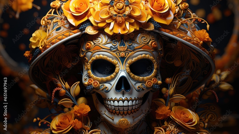Skull painted in theme of the Day of the Dead (Día de Muertos)