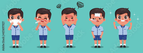 Indian kid student symptom of sick character. Bharat cartoon children to school.