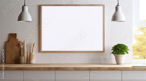 Mockup poster blank frame, hanging on marble wall, above farmhouse kitchen island, Rustic farmhouse
