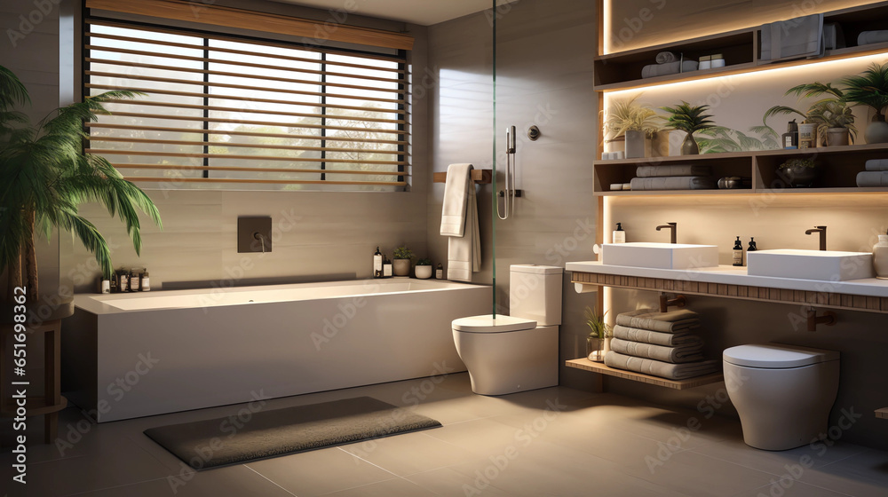 Picture of A bathroom designed with water-saving fixtures, a greywater system, and ...