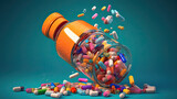 Medicine bottle spilling colorful pills depicting addiction risks, AI Generated