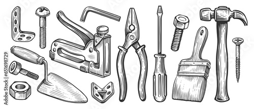 Set of hand work tools for construction or repair work. Hand drawn sketch illustration