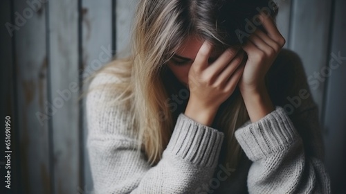 Lonely young woman in knitted wool sweater feeling depressed and stressed sitting head in hands in the dark bedroom, Negative emotion and mental health concept