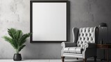 o A Mockup poster blank frame, hanging on marble wall, above leather armchair, Classic gentleman's den