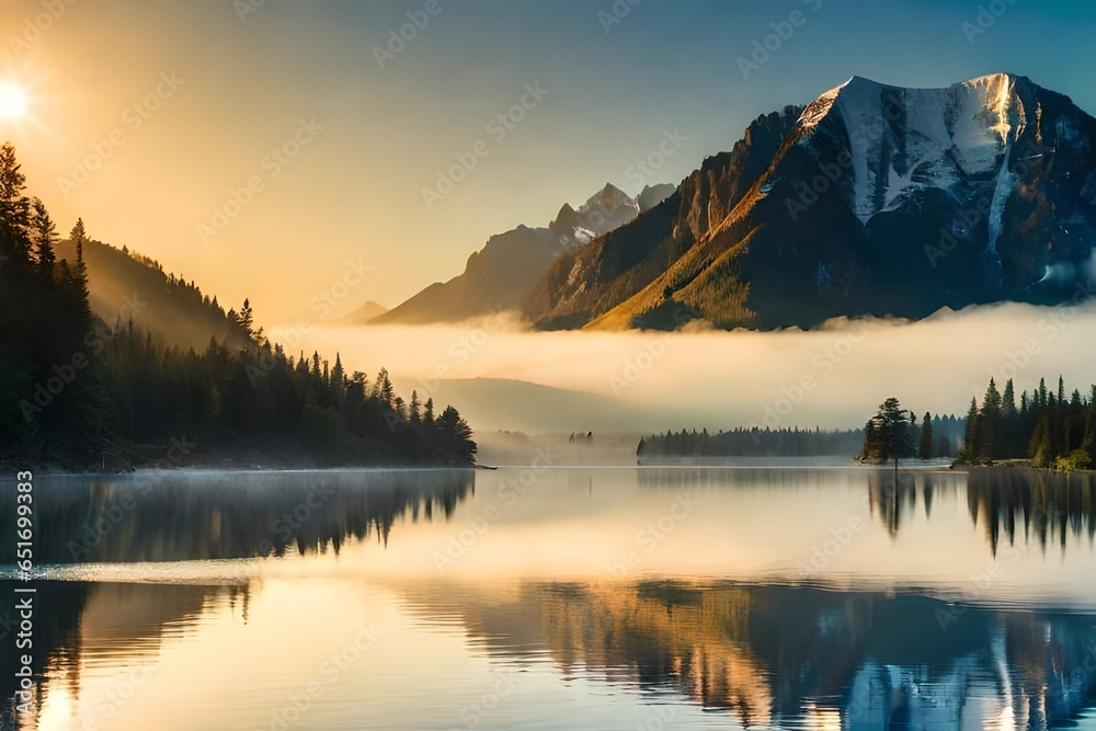 Natural fog and mountains sunlight background blurring, misty waves warm colors and bright sun light. Christmas background sky sunny color orange light patterns, abstract flare evening on clouds blur.