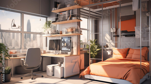 A modern studio apartment with flexible, space-saving furniture, optimized for remote work, fitness, and relaxation, addressing the evolving needs of urban dwellers in a post-pandemic world