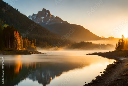 Natural fog and mountains sunlight background blurring, misty waves warm colors and bright sun light. Christmas background sky sunny color orange light patterns, abstract flare evening on clouds blur. © Muhammad