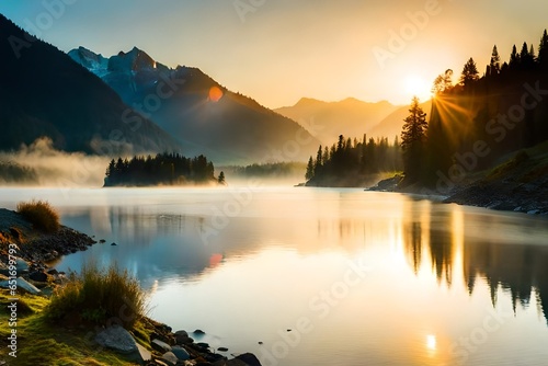 Natural fog and mountains sunlight background blurring  misty waves warm colors and bright sun light. Christmas background sky sunny color orange light patterns  abstract flare evening on clouds blur.
