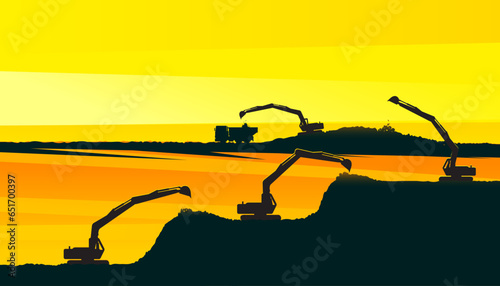 Excavators work on ground at construction site. The industrial machinery for construction business design elements.