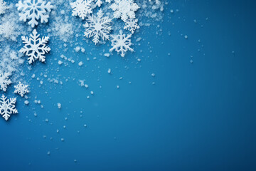 Winter theme greeting card background, snowflakes on blue background