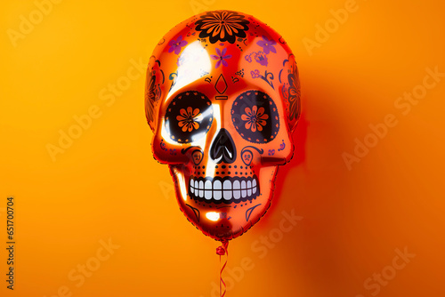 Vibrant skull shaped colorful balloon for Dia de los Muertos party on orange background. Colorful skull ornamental balloon.