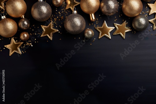 Merry Christmas, festive celebration holiday holidays greeting card with text - Gold ornaments (christmas baubles and stars) on dark table background, top view flat lay | Generative AI