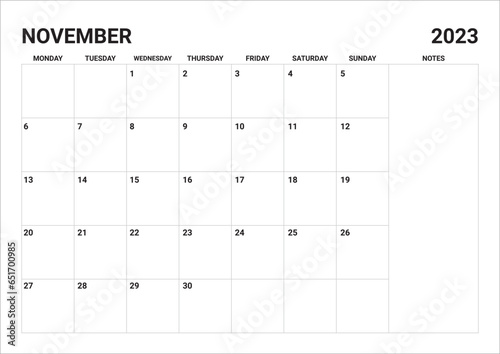 2023 Monthly November calendar include notes