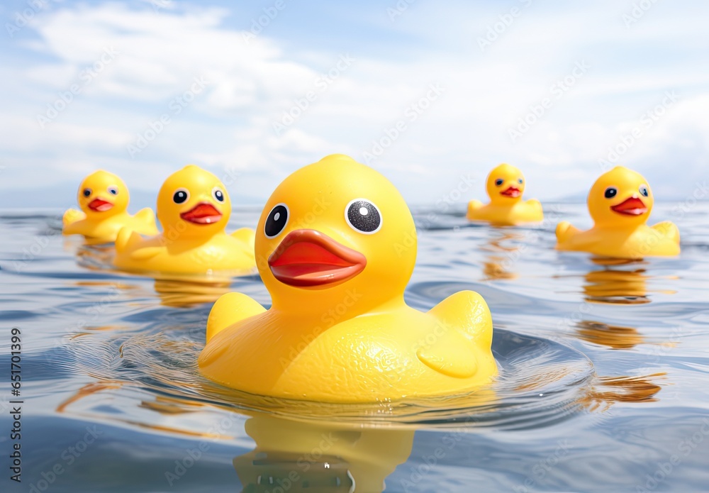 Identical yellow rubber ducks float on the water (river, lake, sea). Coastal landscape in summer. Toys for children's fun on the water. Illustration for cover, interior design, advertising, marketing. Identical yellow rubber ducks float on the water (river, lake, sea). Coastal landscape in summer. Toys for children's fun on the water. Illustration for cover, interior design, advertising, marketing.