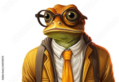 Anthropomorphic stylish frog in a brown leather jacket and glasses. Illustration of an elegant toad. Portrait man with an animal face. Human character through animal with a psychedelic twist.