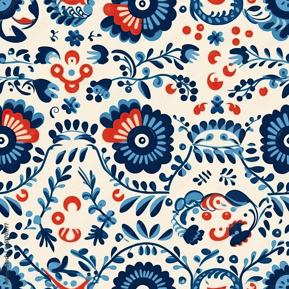 Naklejka premium Hungarian matyo folk motif seamless pattern, AI Generated