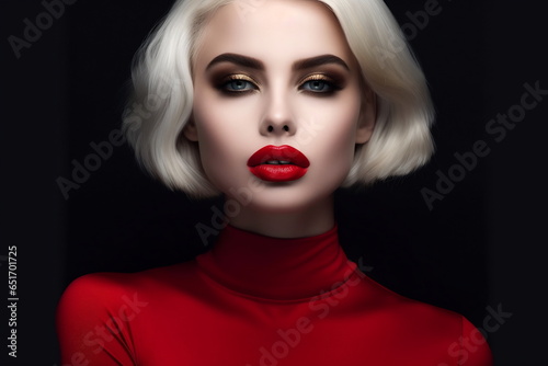 Beautiful woman in with red lips
