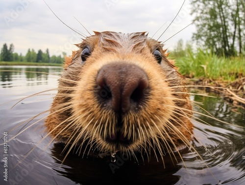Close up portrait of a muskrat, nutria or beaver. Detailed image of the muzzle. A wild animal is looking at something. Illustration with distorted fisheye effect. Design for cover, card, decor, etc. photo