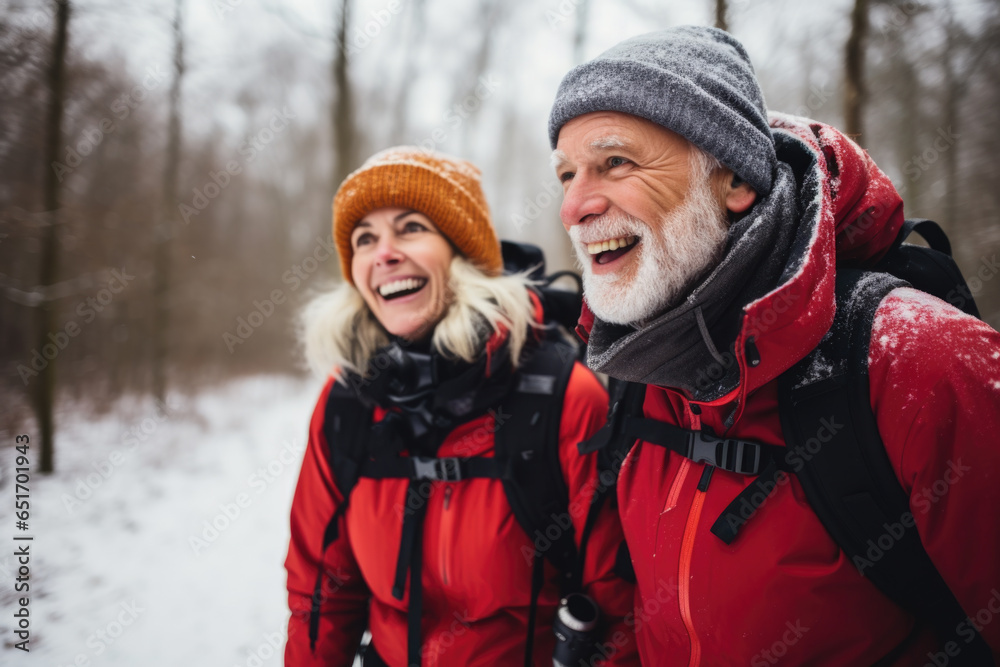 Portrait of adult couple of hikers in red jackets walking in winter forest.