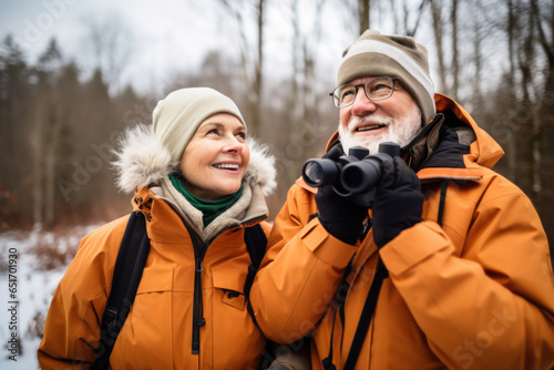 Portrait of adult couple wearing yellow jackets walking in winter forest.