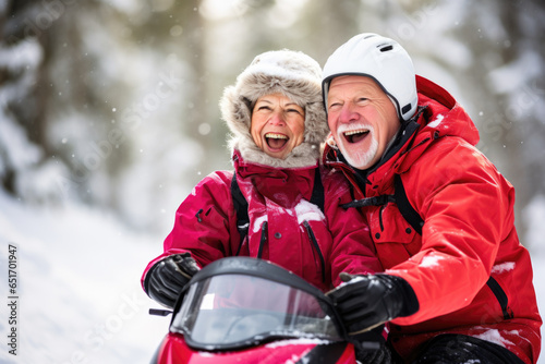 Happy adult couple riding snowmobiling together during winter holidays.