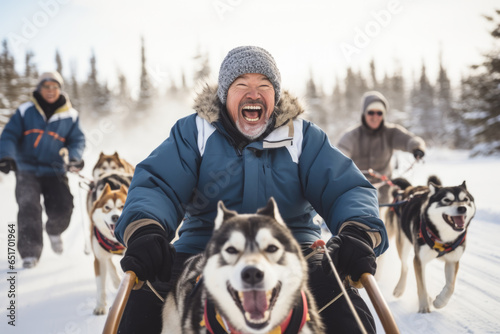 Group of senior adventurers experience the magic of dog sledding as they glide through snowy forests, guided by their loyal canine companions. photo