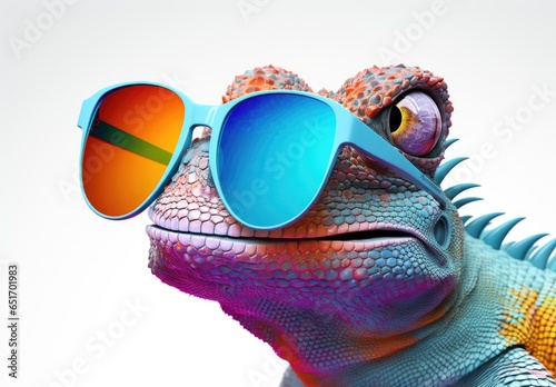 Portrait of an iguana in profile. Funny lizard with sunglasses. Digital art. Illustration for cover, card, flyer, poster or print on t-shirt, bag, etc. © Login