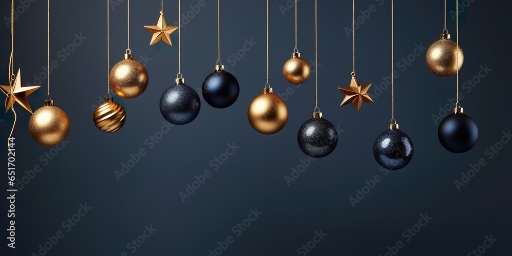 Merry Christmas, festive celebration holiday holidays greeting card - Hanging gold dark blue ornaments (christmas baubles) on blue background | Generative AI Merry Christmas, festive celebration holiday holidays greeting card - Hanging gold dark blue ornaments (christmas baubles) on blue background | Generative AI