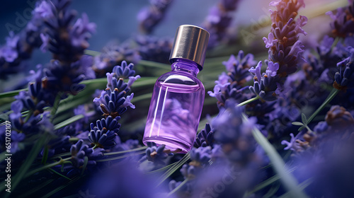 Bottle of lavender oil on a lavender field.