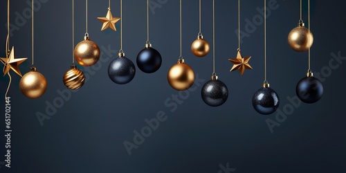 Merry Christmas, festive celebration holiday holidays greeting card - Hanging gold dark blue ornaments (christmas baubles) on blue background | Generative AI