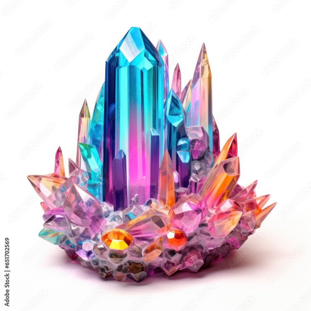 Rainbow crystals in the style of electric dream isolated on white background