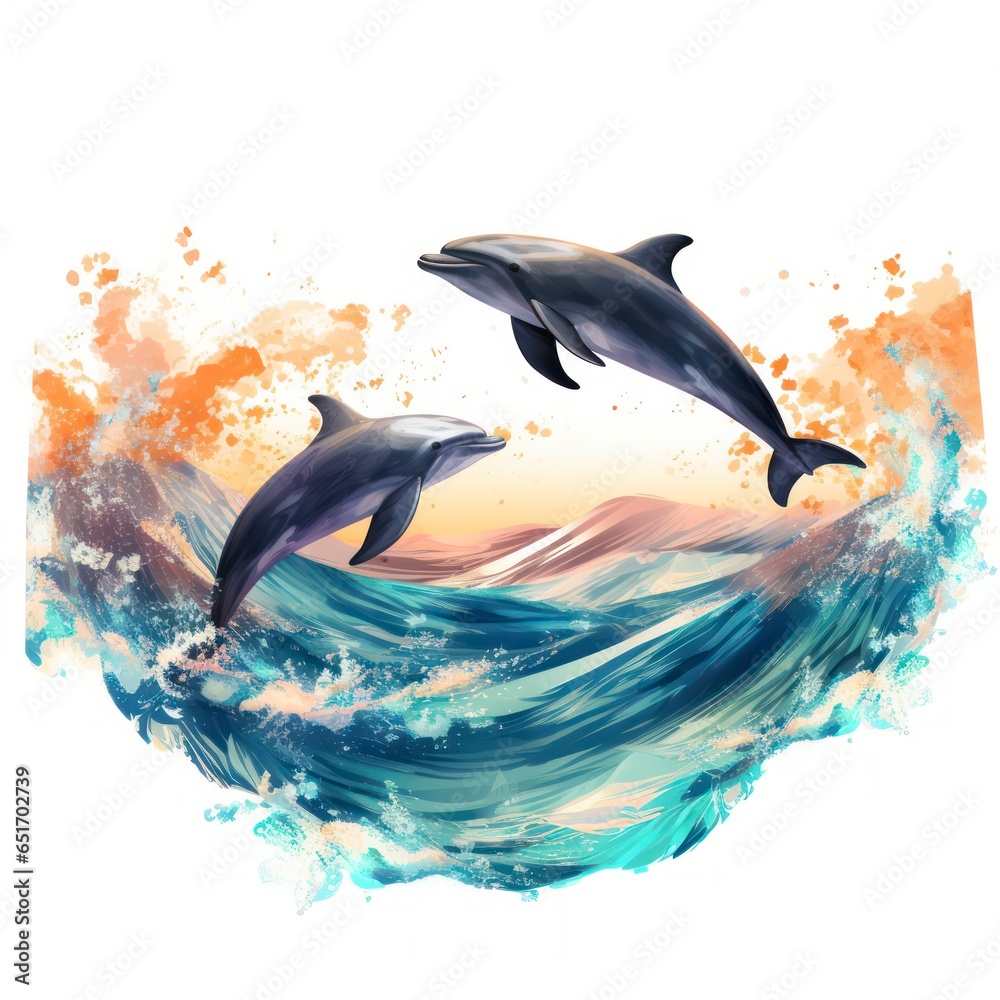 Dolphins jumping from water in the sea in the style of electric dream isolated on white background Dolphins jumping from water in the sea in the style of electric dream isolated on white background