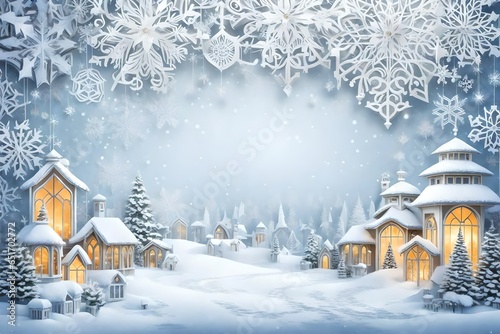 A blank white sign stands amidst a winter wonderland, surrounded by lush Christmas decorations. Delicate snowflakes and twinkling stars fall gently around it, creating a magical scene.
