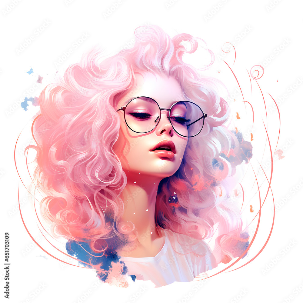 Romantic young girl in glasses portrait in the style of electric dream isolated on white background
