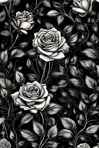 A captivating wallpaper adorned with intricate rose floral illustrations graces the scene. Against a seamless black background, the exquisite blooms stand out in vibrant contrast