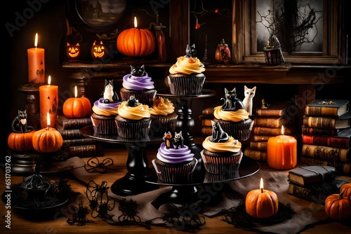 A delightful display presents a Group of Halloween cupcakes and decorations. The cupcakes  each adorned with intricate designs of spiders  ghosts  and pumpkins  sit atop a table covered in a black tab