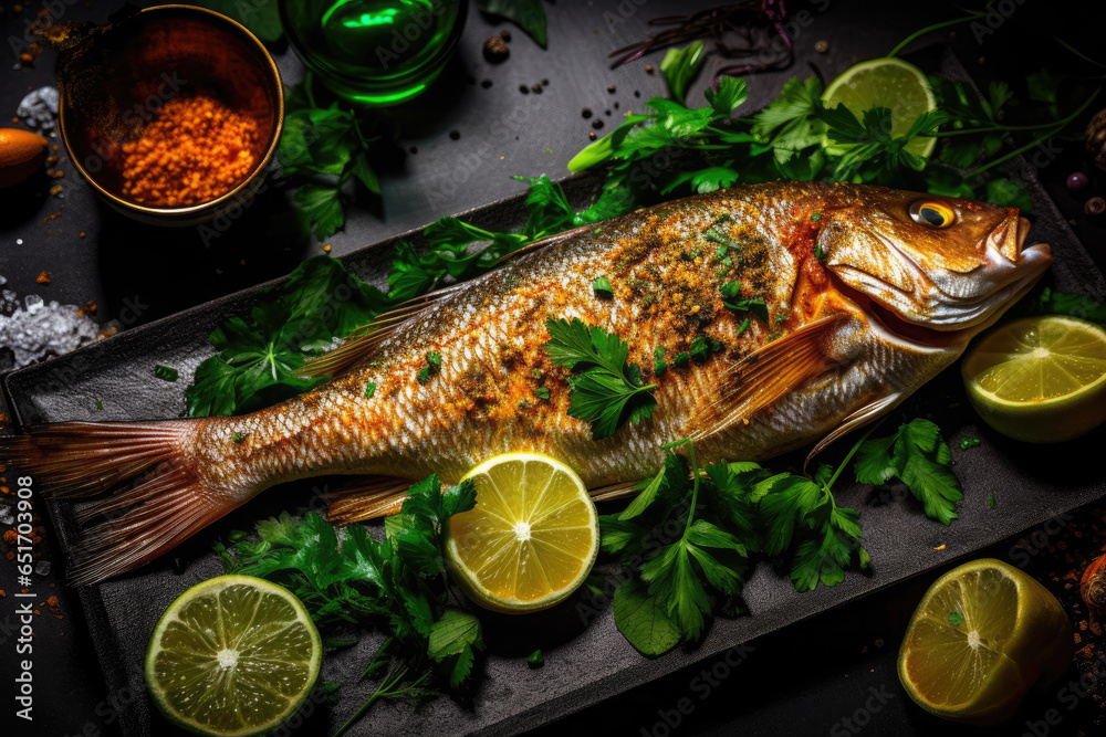 Whole fish with a grilled skin Arab food Generative AI
