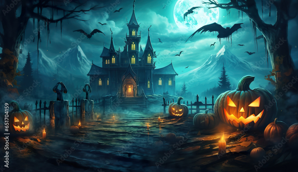 Graveyard cemetery to castle In Spooky scary dark Night full moon and bats on dead tree. Holiday event halloween banner background concept.	