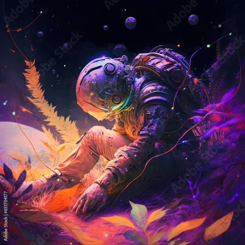 Alien soldier lays on the ground surrounded by an array of colorful alien plants as neon reflections dance across his visor from above He stares up at a massive planet situated in the sky its edges 