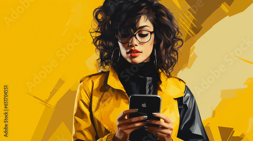 Young girl checking her mobile phone in yellow abstract background